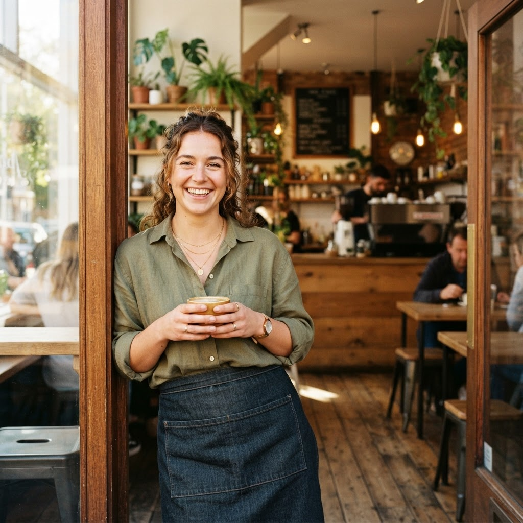 A small business owner smiling in the doorway of their new coffee shop