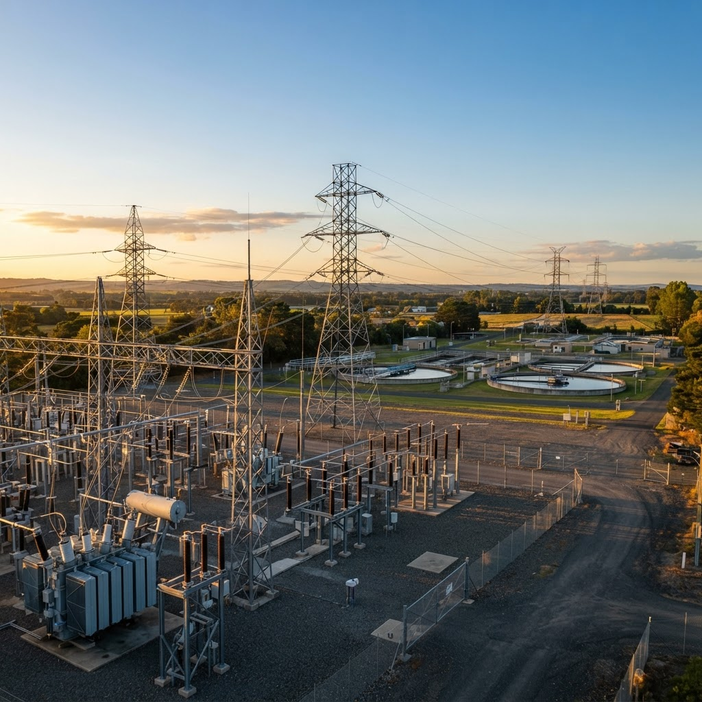 Electrical substation and transmission infrastructure at golden hour