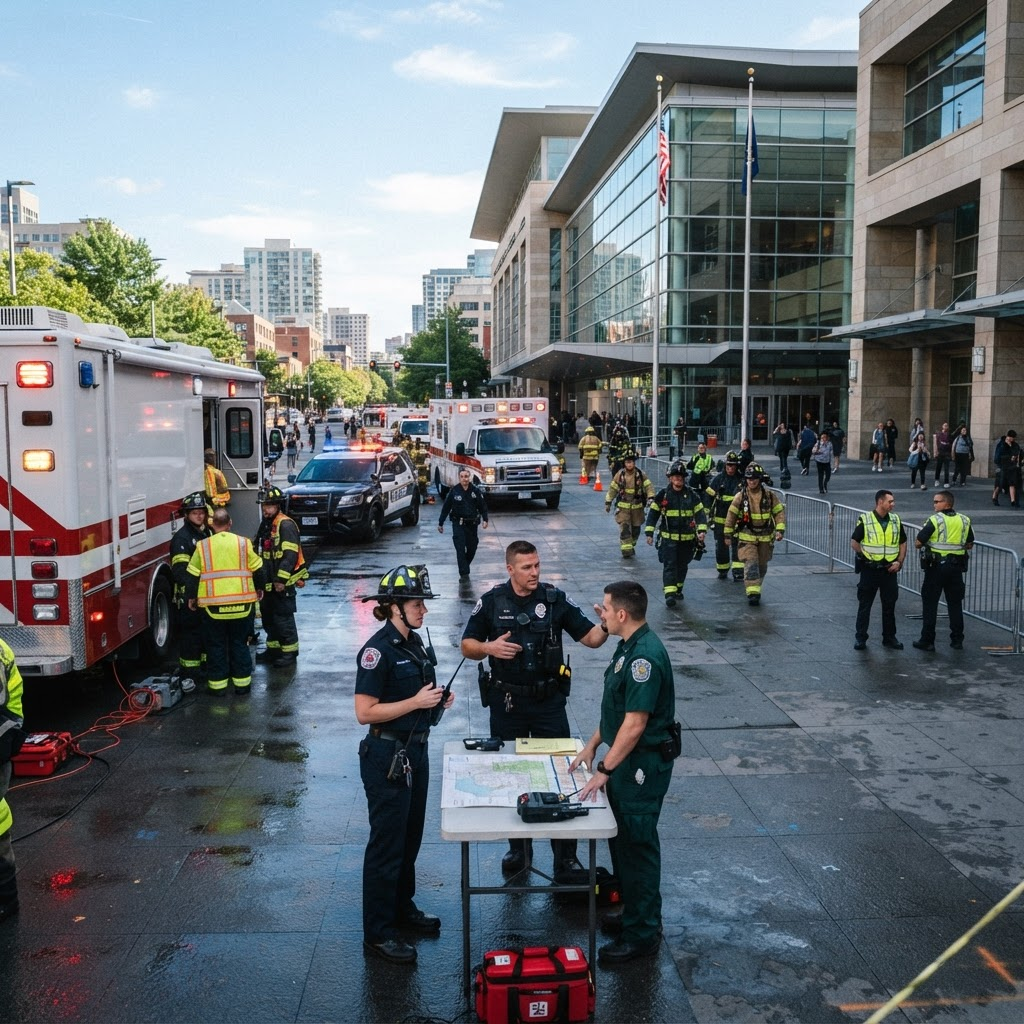 Emergency responders coordinating outside a public building